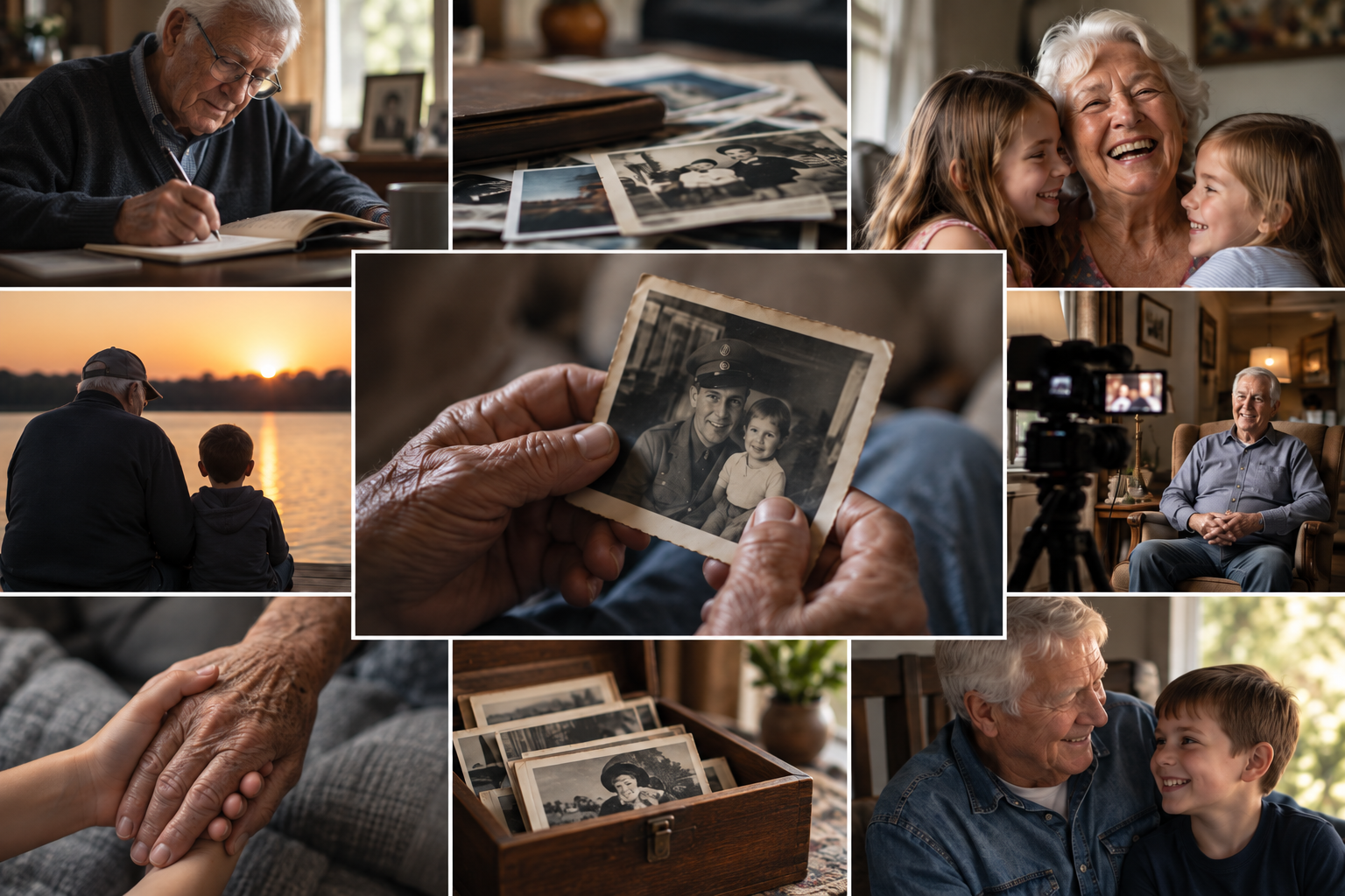 Family moments: grandparents with grandchildren, old photographs, and a recorded conversation at home