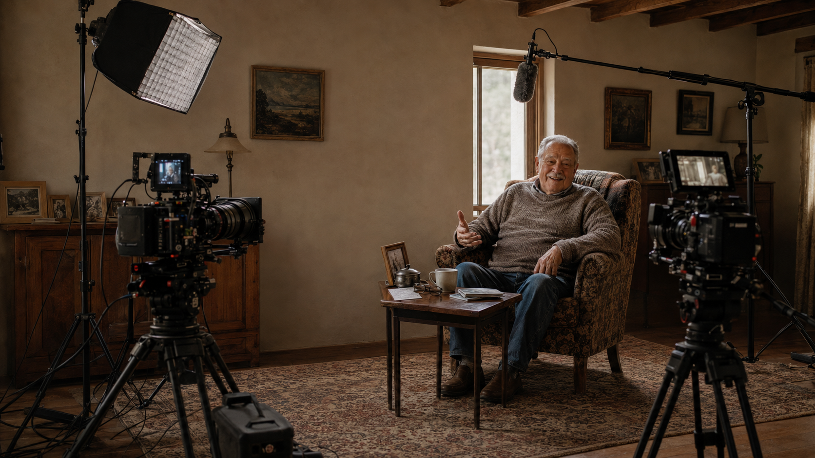 A grandfather sharing his stories during a DearGrandkids recording session in his living room