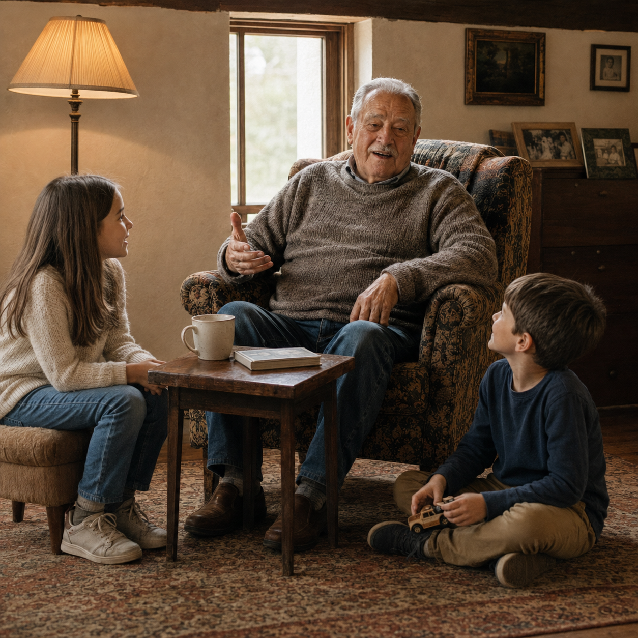 Placeholder for a photograph of an older family member looking through old photographs while talking
